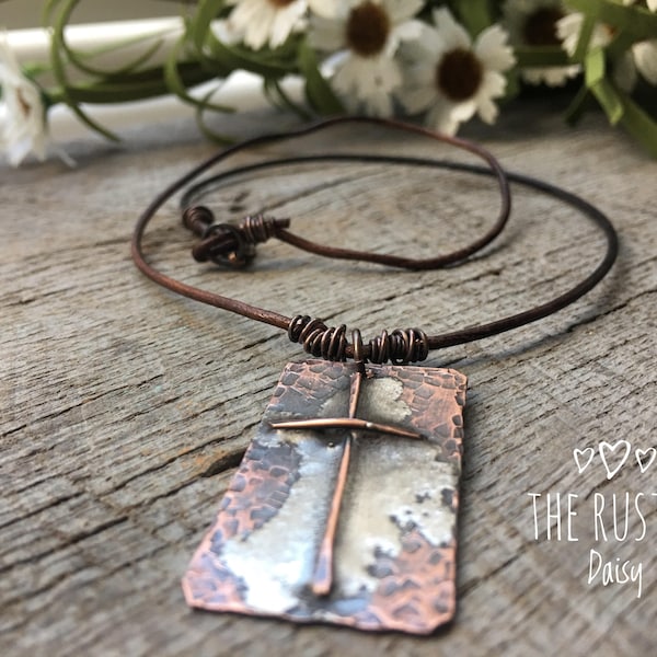 Unisex Rugged Cross Leather Necklace/Rustic Jewlery/Cowgirl/Cowboy/Inspirational Cross Necklace/Soldered Jewelry/Mens Cross Necklace