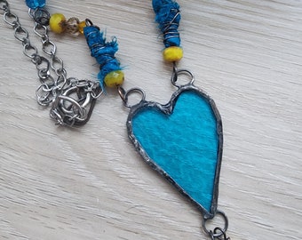 Heart of the Ocean Translucent Stained Glass/Romantic Blue Heart/Femininity/Blue and Yellow