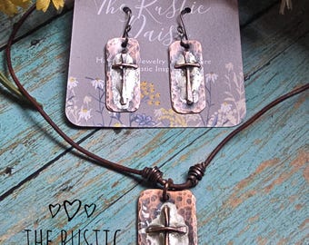 Handmade Rustic Copper Cross Jewelry Set - Faith Jewelry - Old Rugged Cross - Leather Cord - Christian Gift