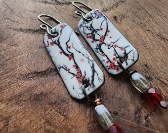 Floral Cherry Blossom Enamled Earrings/Floral/Torched Enameled Jewelry/Artisian Handmade Jewelry