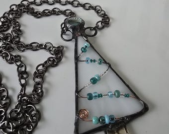 Artistic Stained Glass White Christmas Tree Necklace Recyled Glass