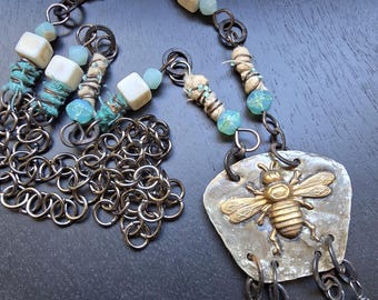 Queen Bee Necklace – Antique Brass with Blue, Cream & White Accents