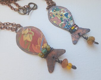 Vintage Tin Copper Fish Beaded Necklace/Whimsical/OOAK/ Unique