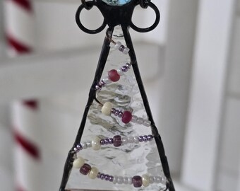 Artistic Stained Glass Clear Beaded Christmas Tree Necklace Recyled Glass