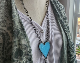 My Blue Heart Stained Glass Necklace/Romantic Blue Heart/Femininity