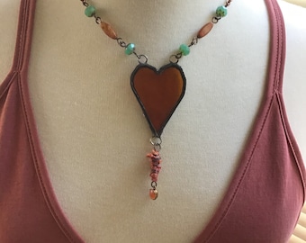 Vivid Sunset Stained Glass Soldered Heart Necklace/Stained Glass Jewelry/OOAK/Sante Fe Orange and Teal