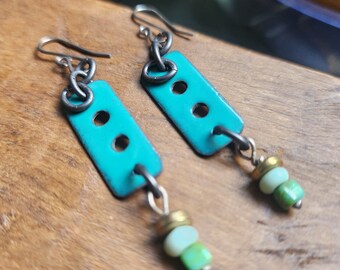 Torched Enamel Earrings: Spruce Green Copper Dangles with Glass Beads