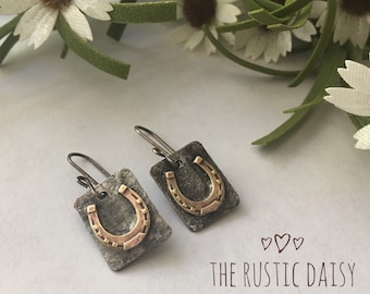 Rustic Dangle Mixed Metal Horseshoe Earrings/Cowgirl Jewelry/Country Girl Rustic Jewelry