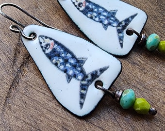 Whimsical Fish Enameled Earrings/Beach Vibe/Artisan Earrings/Fused Glass