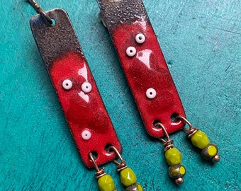 Fire Red Torched Enamel Dangle Earrings/Fused Glass Earrings/OOAK Jewelry/Enameled Jewelry/Unique/Artisan Jewelry/Red and Green