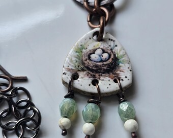 Floral Beaded Rustic Spring Ceramic Bird Nest Necklace/Birds/Rustic Necklace/24" Long