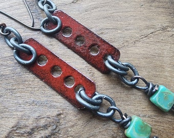 Torched Enamel Dangle Earrings Rustic Red/Rustic Artisan Handmade Jewelry/Organic/Fused Glass Jewelry