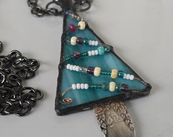 Festive Blue Streaked Recycled Stained Glass Christmas Tree Necklace
