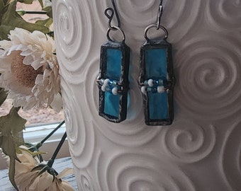 Stained Glass Earrings/Art Glass/Soldered Jewelry/Suncatcher Earrings/Recycled Glass Earrings/Blue Glass