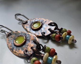 Golden Glow - Rustic Hammered Copper Dangle Earrings/Enameled