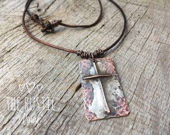 Old Rugged Cross Rustic Copper Necklace: Unisex Leather Cord Pendant