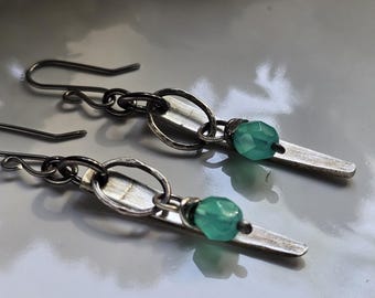 Marine Green Beaded Vintage Fork Tine Jewelry/Vintage Earrings/Recycled Jewelry