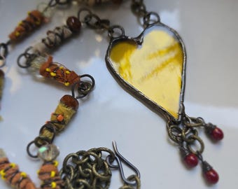 Sunshine Yellow Translucent Stained Glass Soldered Heart Necklace - Tiffany Style Copper Soldered Pendant, Handmade Gift