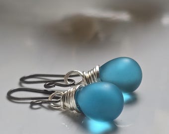 Ice Blue Teardrop Glass Wire Wrapped Dangle Earrings/Translucent/Teardrop