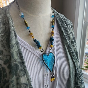 Heart of the Ocean Translucent Stained Glass/Romantic Blue Heart/Femininity/Blue and Yellow image 2