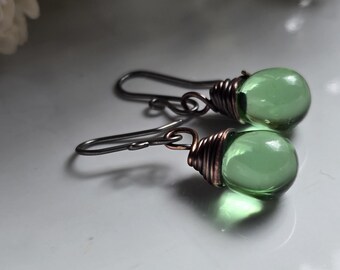 Fern Green Wedding Teardrop Glass Wire Wrapped Dangle Earrings/Translucent/Teardrop