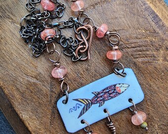 Just Keep Swimming Whimsical Enameled Fish Necklace/Fun Funky Necklace/Torch Enameled Jewelry/OOAK Jewelry