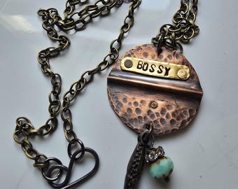 Riveted "Bossy" Hammered Copper Pendant Necklace/Rustic Copper Necklace/Statement Necklace