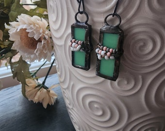 Stained Glass Earrings/Art Glass/Soldered Jewelry/Suncatcher Earrings/Recycled Glass Earrings/Mint Green Glass