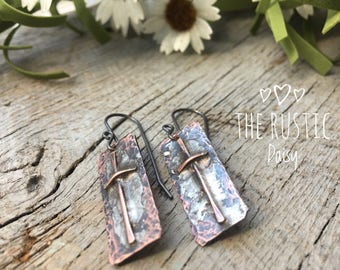 Old Rugged Cross Rustic Copper  Earrings: Mixed Metal Primitive Jewelry
