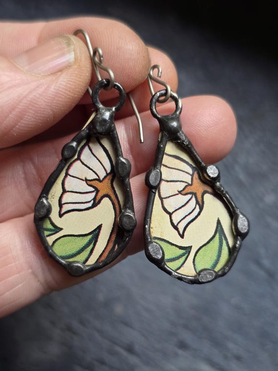Rustic Wild Flowers Tin Soldered Dangle Earrings - Recylced Metal -OOAK
