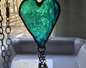 Stained Glass Heart Necklace: Teal Green Solder, Mixed Media OOAK