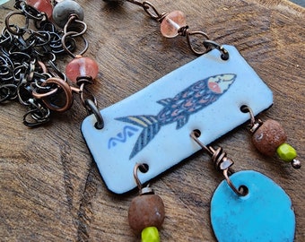 Swimming in the Sea Whimsical Enameled Fish Necklace/Fun Funky Necklace/Torch Enameled Jewelry/OOAK Jewelry