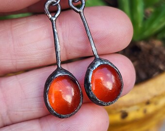 Flame Orange Stained Glass Suncatcher Earrings/Fall Pumpkin/Soldered Earrings/Artisan