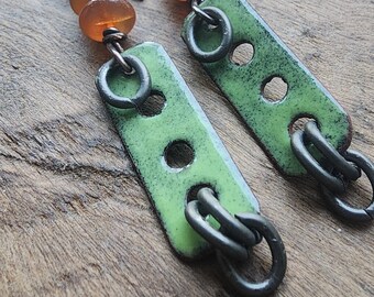 Torched Enamel Dangle Earrings Pea Green/Rustic Artisan Handmade Jewelry/Organic/Fused Glass Jewelry