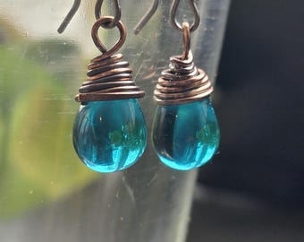 Teal Blue Glass Teardrop Earrings: Copper Wire Wrapped Dangle