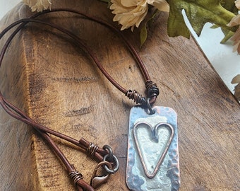 Grateful Heart Soldered Necklace/Rustic Heart Necklace/Heart Leather Necklace