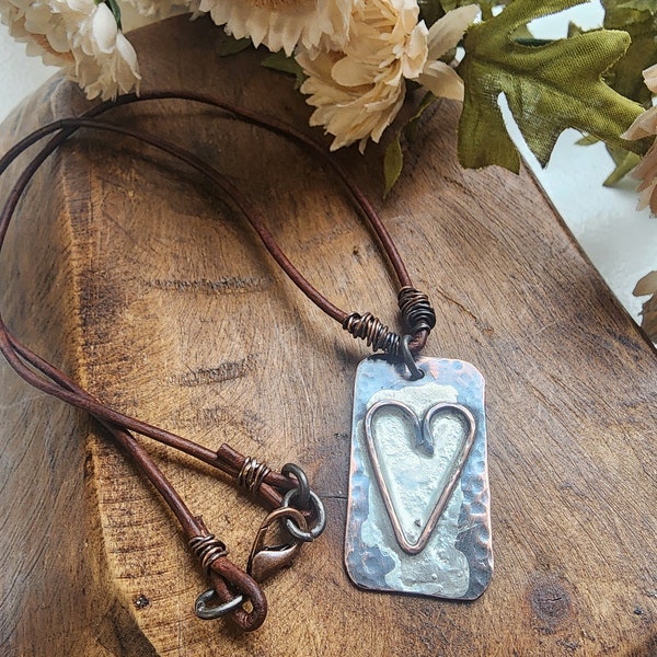 Grateful Heart Soldered Necklace/Rustic Heart Necklace/Heart Leather Necklace