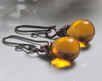 Drops of Honey Teardrop Glass Wire Wrapped Dangle Earrings/Translucent/Teardrop