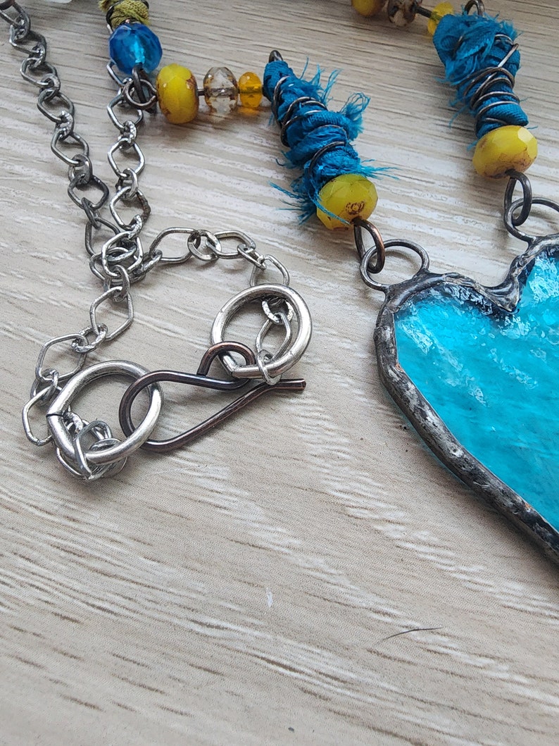 Heart of the Ocean Translucent Stained Glass/Romantic Blue Heart/Femininity/Blue and Yellow image 3