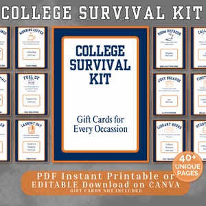 Könnte beinhalten: Ein digitales College-Survival-Kit-Druckset mit einem zentralen Schild und zwölf kleineren Karten mit marineblauen und orangefarbenen Rändern. Der Text umfasst College Survival Kit, Gift Cards for Every Occasion und 40+ Unique Pages. Die Karten zeigen Themen wie New Beginnings, Morning Coffee, Campus Essentials, Fuel Up, Grocery Run, Laundry Day, Room Refresh, Call Home, Just Because, First Week, Library Hours und Study Break.