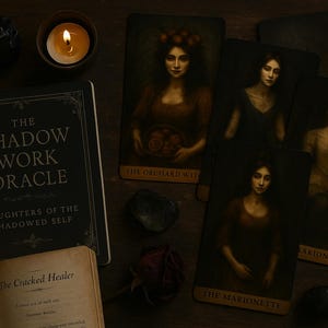 May include: An open book and a deck of oracle cards with illustrations of women are arranged on a dark wooden surface. The book is titled "The Shadow Work Oracle." A lit candle and crystals are also present.