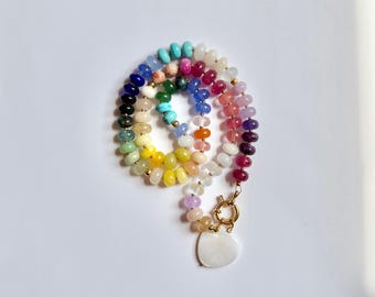 Rainbow Gemstone Necklace, Colorful Beaded Necklace Choker, Boho Statement Jewelry, Handmade Crystal Gift, Handmade Beaded Necklace,