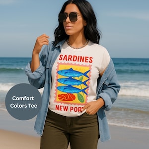 Sardines T-Shirt, Retro Fish Graphic Tee, Coastal Summer Shirt, Ocean lover gift, beach shirt, sardines shirt, tinned fish