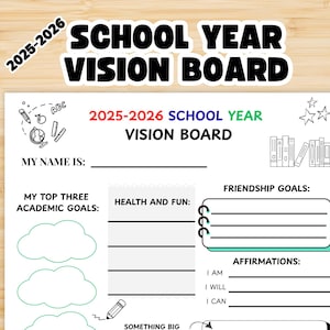 Tablero de visión imprimible para niños; Plantilla de tablero de visión 2025 para el año escolar; Hoja de trabajo imprimible para el aula; Establecimiento de metas para estudiantes