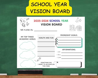 Quadro de visão para imprimir para crianças; Modelo de quadro de visão para o ano letivo de 2025; Planilha para imprimir para a sala de aula; Definição de metas para alunos