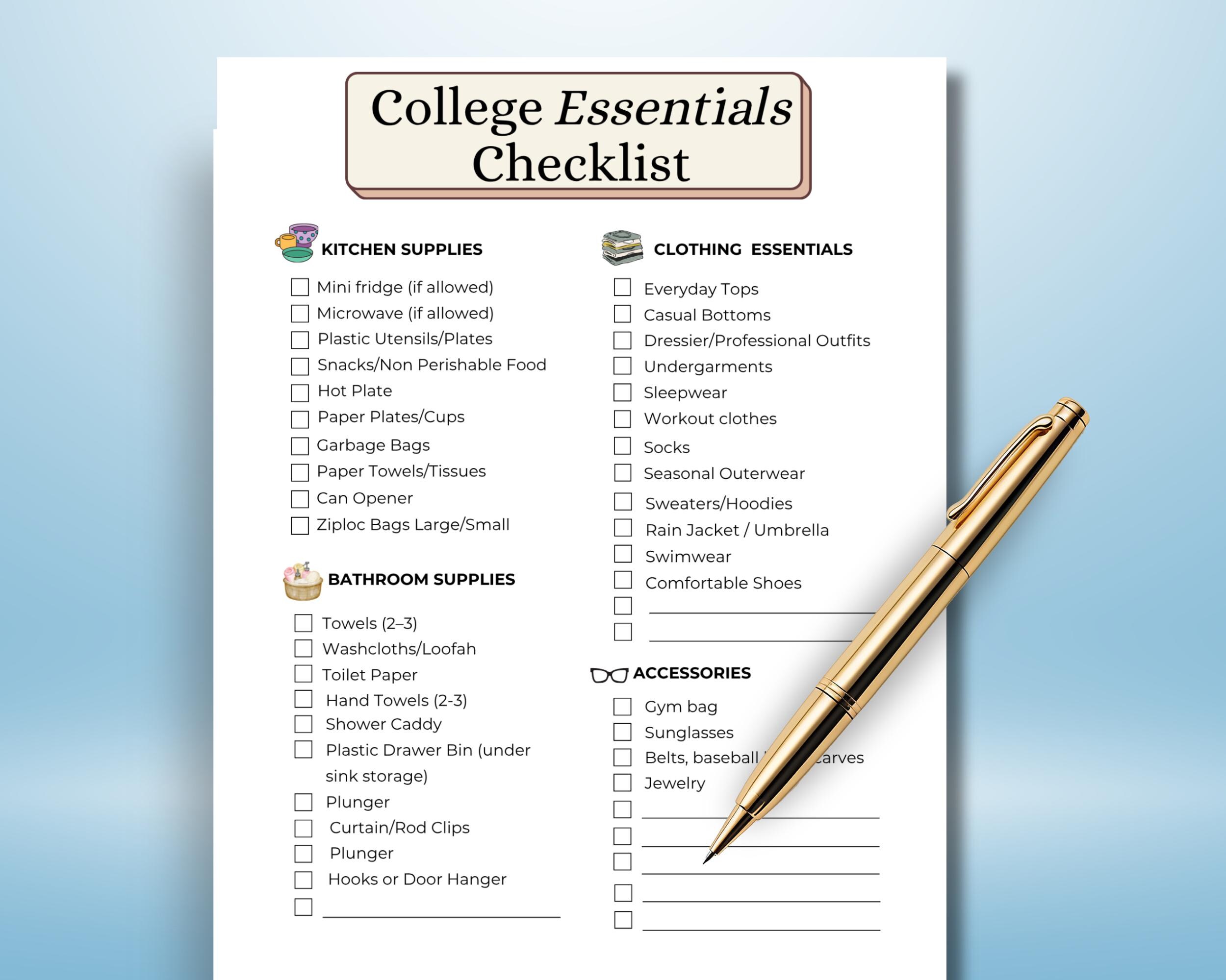 College Packing List Template, Dorm Room Essentials, College Shopping ...