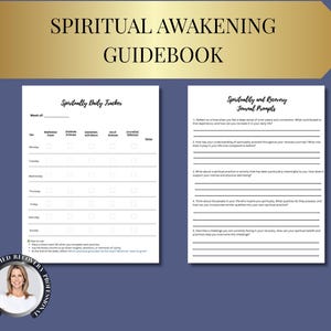May include: A guidebook titled "Spiritual Awakening Guidebook" with a gold banner. The book includes a daily tracker and journal prompts for spiritual and recovery practices. The pages are white with black text.