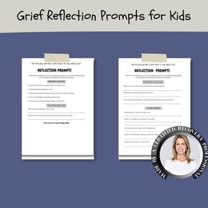 May include: Two white pages with "Reflection Prompts" text, taped to a blue background. The text "Grief Reflection Prompts for Kids" is at the top. A circular logo with a woman's photo is in the bottom right corner.