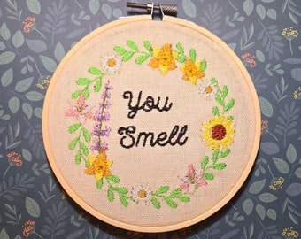 You smell, funny embroidery, finished embroidery hoop, Stinky, Bathroom wall art, complete embroidery hoop, finished cross stitch art hoop