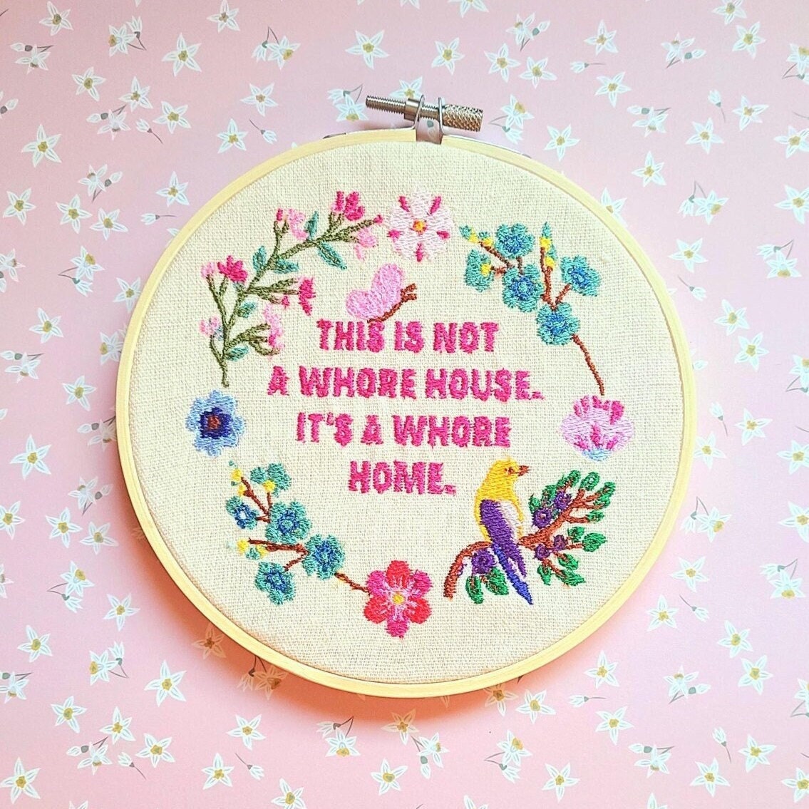 Wh*re House Embroidery Art, Funny embroidery hoop, profane embroidery, swear embroidery, finished embroidery, complete embroidery